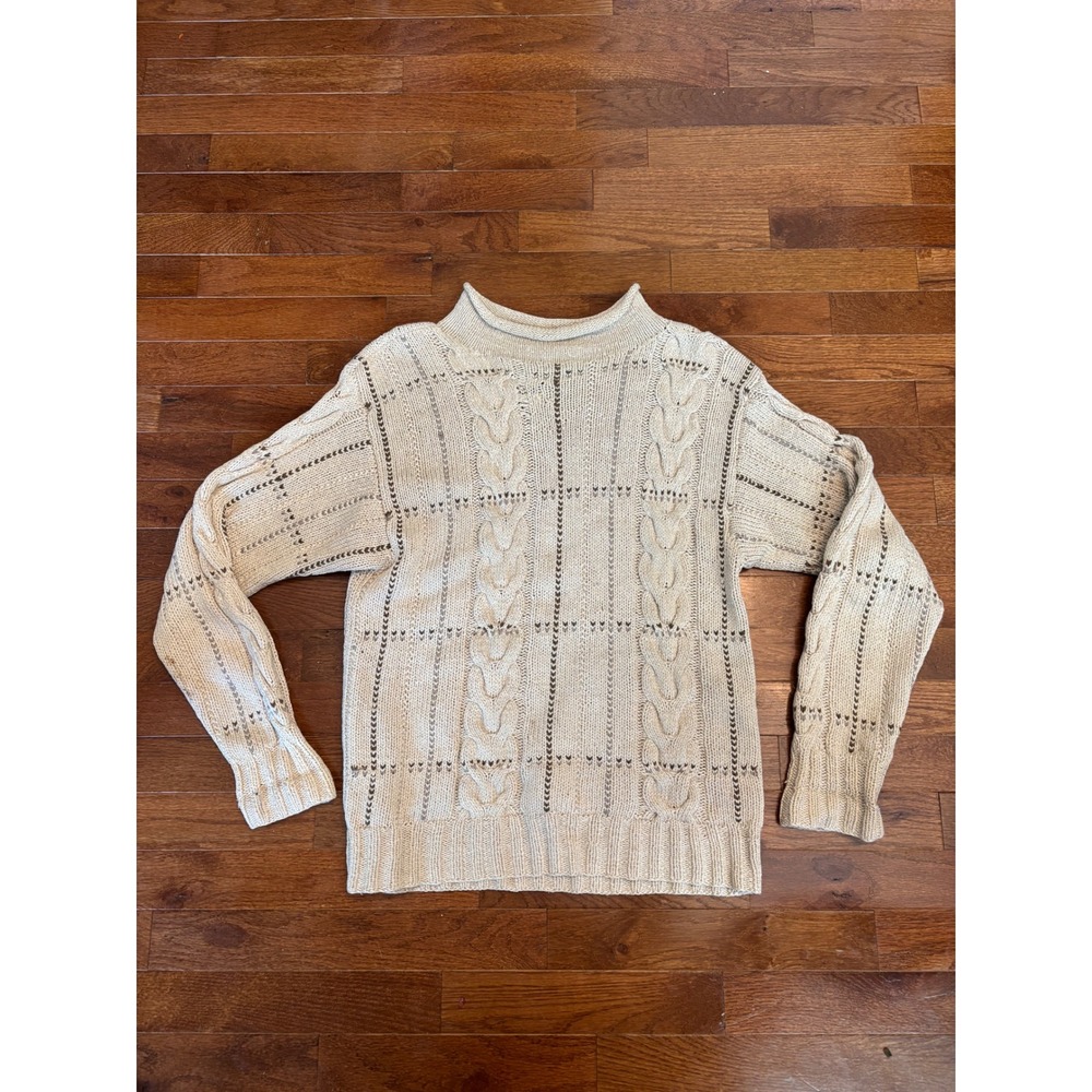 Ralph Lauren Silk Linen Hand Knit Cable Sweater Cream Brown Mock Neck Vintage M - Picture 1 of 6